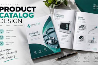 design medical device catalog, healthcare product brochure and line sheet