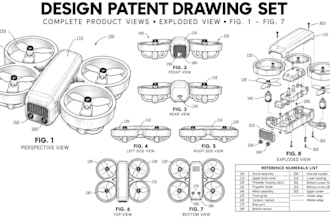 create uspto design patent drawings and complete product patent figure view sets