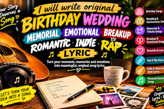 write original birthday wedding memorial emotional breakup romantic indie lyric