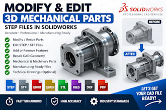 modify edit 3d jewelry, mechanical parts machinery step files in solidworks