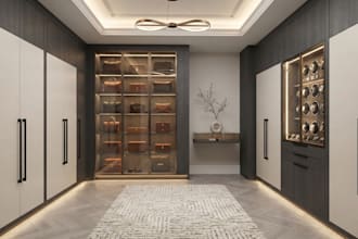 create modern wardrobe walk in closet, cabinetry 2d floor plan and 3d rendering