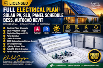 license full electrical plan, solar pv, sld, panel schedule, bess, autocad revit