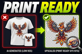 prepare ai generated design logo into print ready dtf dtg png or vector