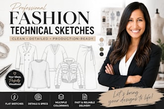 create professional fashion flat sketches, tech packs for your clothing designs