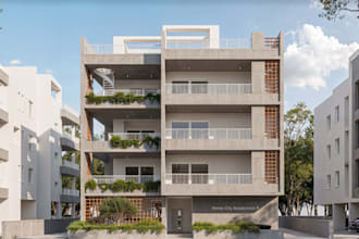 remodel 3d brutalist apartment cgi,outdoor terracotta breezeblock,balcony render