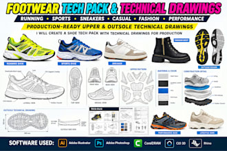 create a running shoe tech pack with technical drawings for production