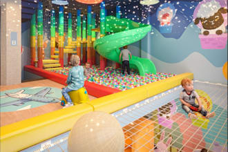 render 3d indoor playground,daycare interior design,kids play area,kids playroom