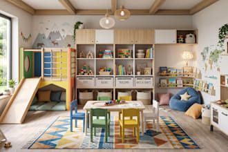 design 3d kids room, nursery room, playroom, playground, ikea classroom renders