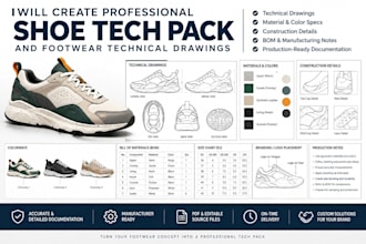create professional shoe tech pack and footwear technical drawings