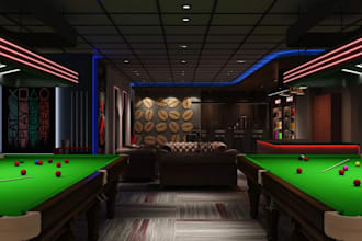 render 3d snooker club,billiard area interior,gaming center design,cgi sport bar