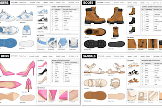 create a shoe tech pack for sneakers, boots and footwear for manufacturing
