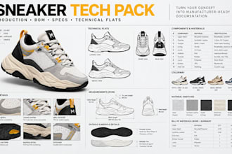 create a manufacturer ready sneaker tech pack with flats, bom and specs