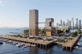 modern 3d mixed used building,office tower exterior,cgi render,urban cityscape