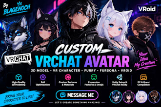 create 3d model vrc avatar, vr character, furry avatar, fursona, vroid