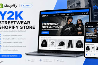 design a y2k shopify store, streetwear website, and clothing brand store