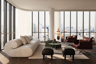 optimize 3d contemporary interior layout,living room render, ensuite bedroom cgi