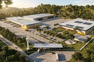 photo realistic rendering for exterior warehouse, commercial building, 3d render