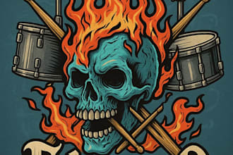 design high quality rockstar skeleton drummer colorful poster mascot logo