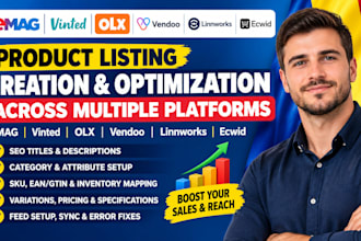 create and optimize product listings emag vinted olx vendoo linnworks ecwid ads