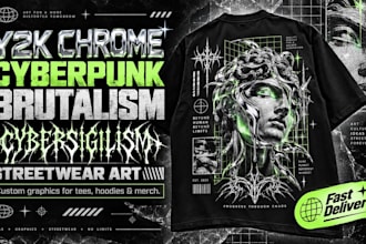 create y2k chrome cyberpunk brutalism and cybersigilism streetwear art
