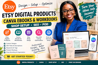 design etsy digital products canva ebooks and setup etsy shop SEO
