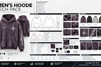 create mens hoodie tech pack, streetwear, clothing tech pack and flats
