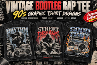 create vintage bootleg rap tee and 90s graphic tshirt designs