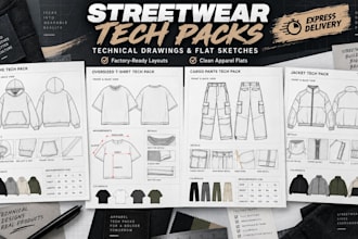 create streetwear tech packs technical drawings and flat sketches