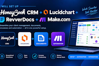 set up honeybook CRM, lucidchart, revverdocs and make com