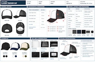 create detailed tech packs for caps trucker, snapback for manufacturing