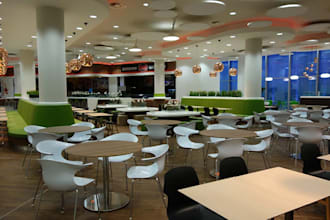 visualize 3d shopping mall interior, 3d food court,casual restaurant, cgi render
