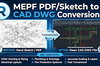 convert mepf plan, pdf or blueprint to autocad, cad, dwg