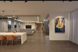optimize open concept interior, living room spatial layout, dining area, bedroom