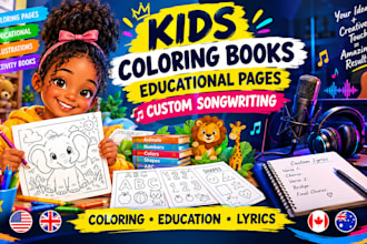 illustrate kids coloring books, educational pages and create custom songwriting