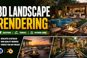 render 3d landscape, backyard, terrace and outdoor living space