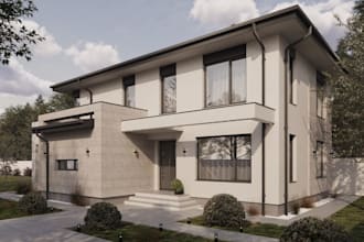 remodel 3d modern villa facade, luxury house external render, front yard design