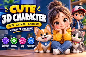 design cute 3d character models, animals, chibi and cartoon style