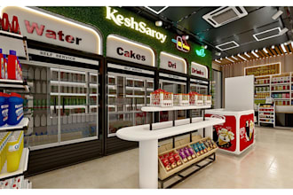 design convenience store, grocery store or supermarket interior in 3d