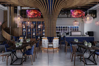 modernize 3d cgi restaurant interior,3d booth seating, 3d aesthetic coffee shop