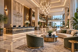 design hotel resort spa lobby suite interior 3d rendering