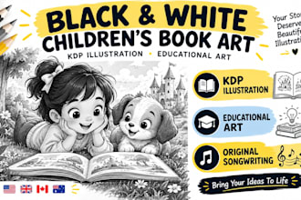 create black white children book art, KDP illustration, original songwriting