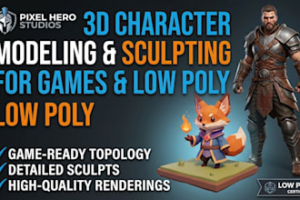 do 3d game character, 3d character modeling, 3d sculpting and low poly 3d model