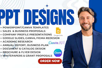 design powerpoint pitch deck, google slides business sales presentation canva ai