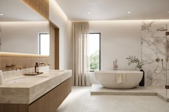 design bathroom interior, bathroom design, floor plan and realistic 3d rendering