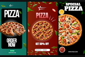 design 3 modern pizza flyer, food poster, restaurant menu in 24 hours
