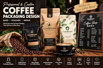design custom coffee packaging, coffee pouch, coffee, coffee shop menu design
