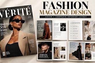 design a digital fashion magazine cover, with complete interior layout