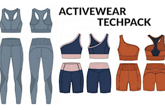 design fashion tech pack for activewear, sportswear and technical flat sketches