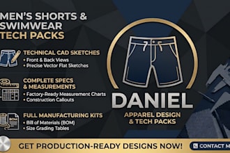 design factory ready tech pack for mens shorts and swimwear
