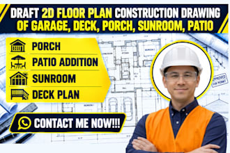 draft 2d floor plan construction drawing of garage, deck, porch, sunroom, patio